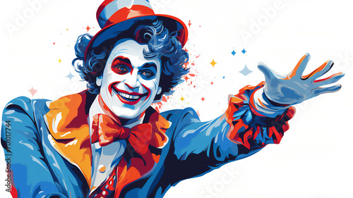 Cartoon of a clown face portrait, the joker wears a grinning smile with laughter in his eyes and a red nose, adding a twist to the circus spectacle, stock illustration image photo