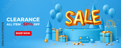 3d gift. Sale shop bag or box, discount podium with promotion golden balloon, gold anniversary confetti, credit card, gift and trees on blue background. Vector holidays advertising banner