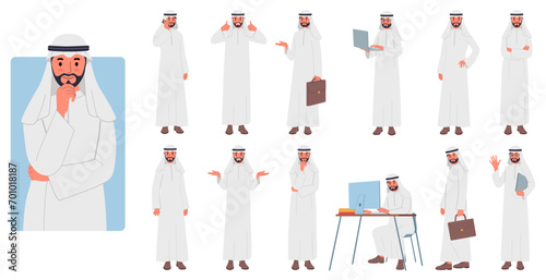 Saudi man. Arab business character, Arabian businessman from uae, arabia, working and standing Muslim male. Hold laptop and briefcase. Sitting at desk and works on computer. Vector flat set