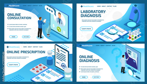 Online doctor landing page. Isometric health care. Hospital consultation. Healthcare and laboratory diagnostic. Pharmacy and patient infographic. Website template. Vector background