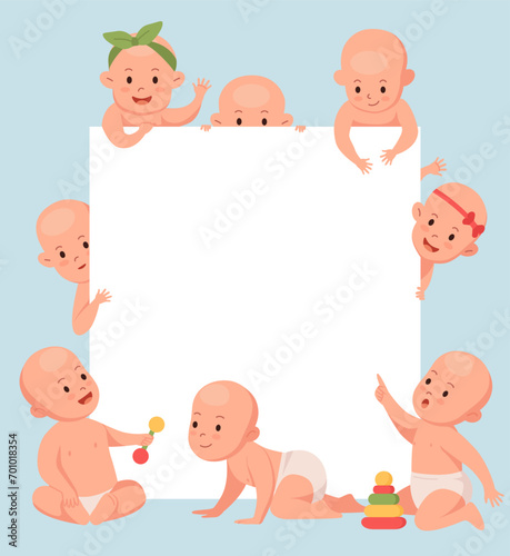 Baby background. Newborn toddlers. Happy infants in diapers. Funny girl crawling. Cartoon boy playing with toys. Cute little children. Human age. Kids square frame. Vector empty banner