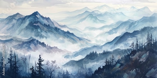 Mountain scenery, Watercolor. Chinese or Japanese Blue Mountains. Landscape of foggy mountains in the early morning © MstAsma
