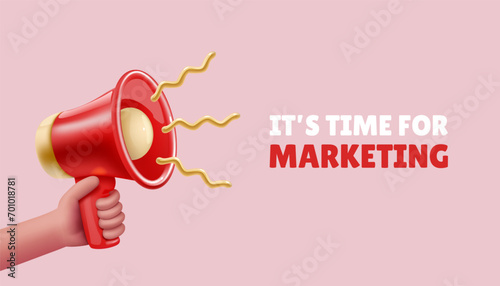 3d hand speaker. Sale web banner, media news from microphone or loudspeaker, attention symbol, warning man ad. Discount advertising. Render cartoon isolated elements. Vector illustration
