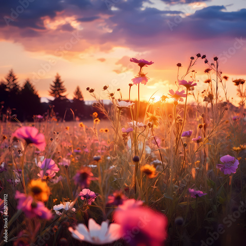 A field of wildflowers in the soft glow of sunset.
