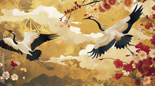 Luxury gold oriental style background. Chinese and Japanese wallpaper pattern design of elegant crane birds, cloud with watercolor texture. Design illustration for decoration, wall decor.