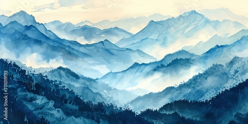 Mountain scenery, Watercolor. Chinese or Japanese Blue Mountains. Landscape of foggy mountains in the early morning © MdBaki