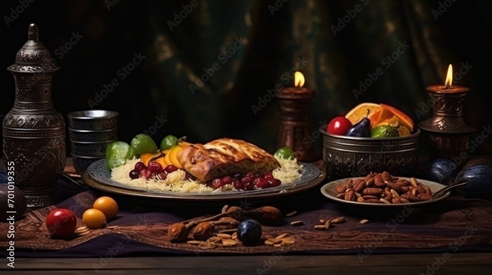 Hearty meal of rice and chicken served on a decorated plate, candlelight in the background.