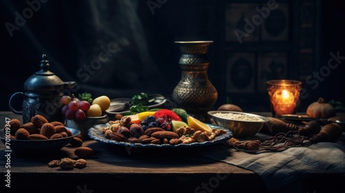 Healthy iftar food with fresh fruits. A selection of nuts and fresh fruit on a metal plate, atmospherically lit.