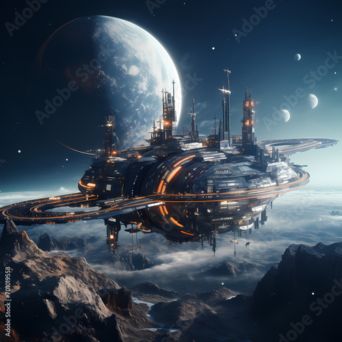 A futuristic space station orbiting a distant planet.