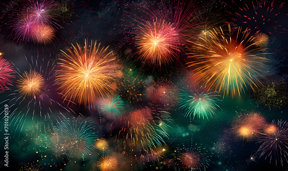 The fireworks against the night sky embody pure brilliance, featuring vibrant explosions of color and light that emanate a sense of celebration and enchantment.