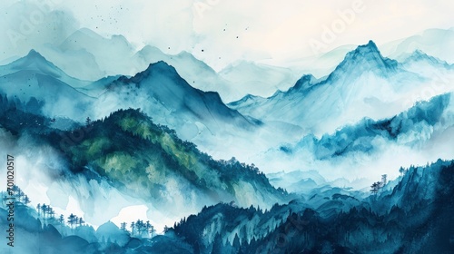 A watercolor landscape of serene mountains, inspired by the Chinese style of classical traditional ink painting.