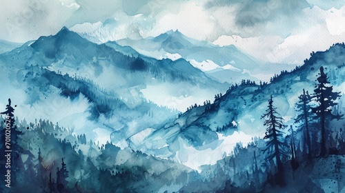 Foto A watercolor landscape of serene mountains, inspired by the Chinese style of classical traditional ink painting