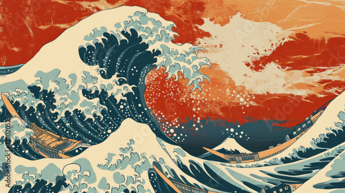 A vintage style japanese crashing wave background. Seamless pattern photo