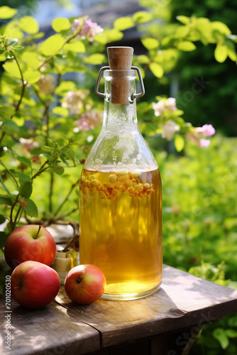 Apple cider vinegar in a glass bottle and fresh red apples on a nature background
