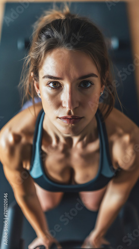 A portrait of a woman in the gym, a female bodybuilder looking at camera, close up of a girl doing squats from top view, natural and neutral face wearing a top, AI Generated.