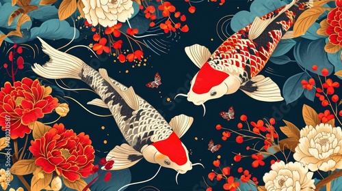 Asian background, Oriental Japanese style abstract pattern background design with koi fish decorate in watercolor texture