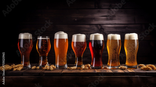 Cold glasses of beer in a bar on a wooden background