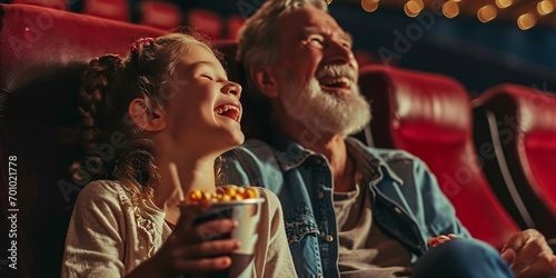 An elderly man and his granddaughter are at the cinema, delighting in each other's company and laughing boisterously.