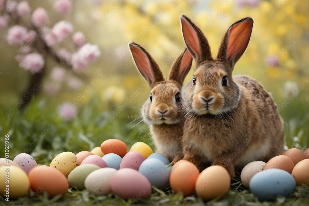 Two Easter bunnies with colorful eggs on green grass in garden