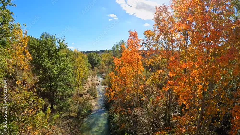 Colorful leaves on the Vero river in the town of Pozan de Vero in the Pyrenees, Huesca