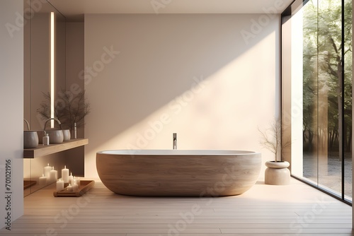 Inviting modern classic minimalist bathroom with a freestanding tub  natural materials  and soft  diffused lighting