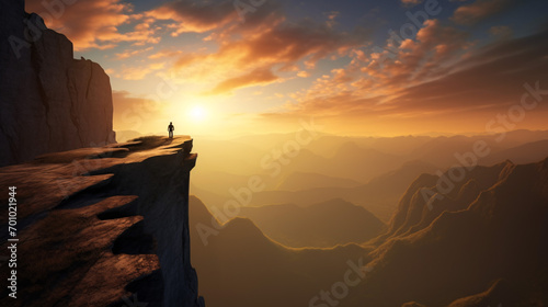 The solitary trekker perched on the precipice of a stunning precipice, marvelling at the spectacular sundown over the immense wilds.