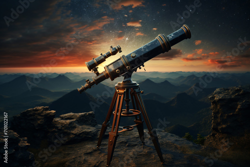 A vintage telescope perched atop a precipice offers an awe-inspiring glimpse of a cosmic occurrence overhead. photo