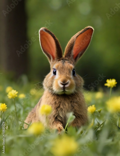 Cute brown rabbit sitting in the grass with yellow buttercups © JorKel