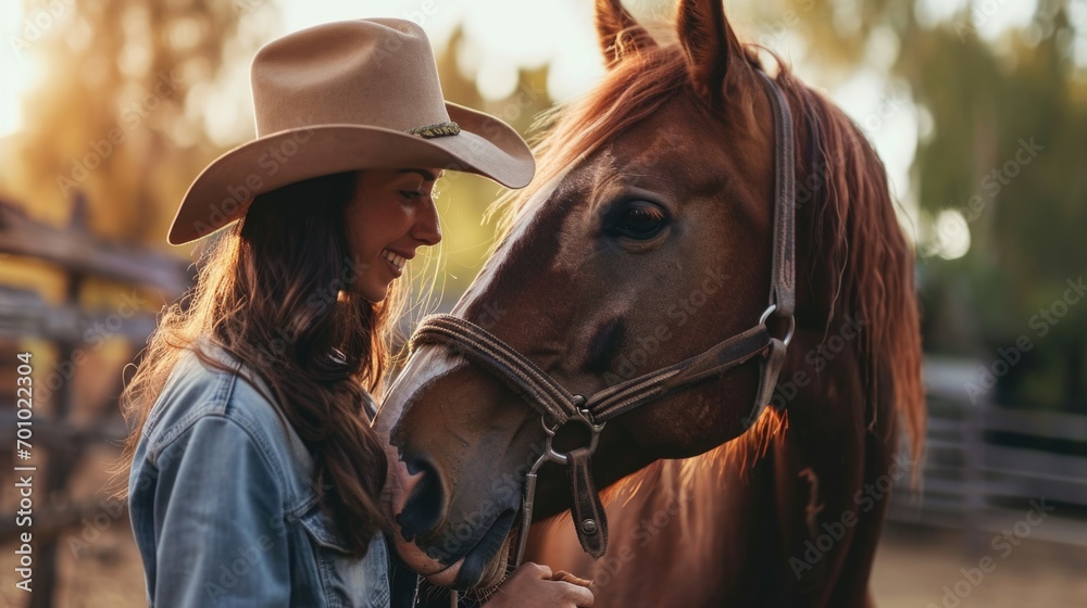Obraz premium A woman wearing a cowboy hat stands confidently next to a majestic horse. This image can be used to depict the beauty of the countryside and the bond between humans and animals