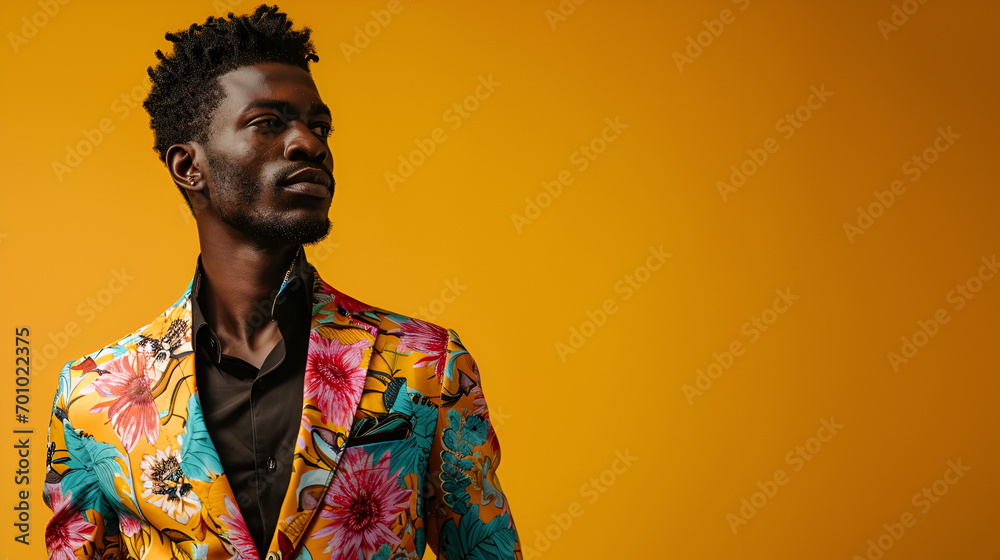black african model, very confident pose, wearing a suit in vibrant colors