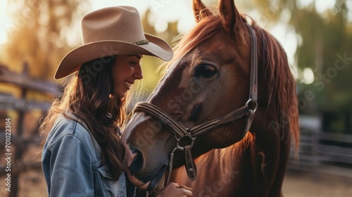 A woman wearing a cowboy hat stands confidently next to a majestic horse. This image can be used to depict the beauty of the countryside and the bond between humans and animals © Fotograf