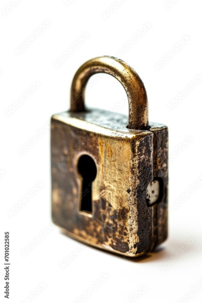 Metal padlock with a keyhole on a white background. Suitable for security, protection, and locking concepts