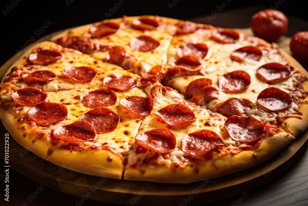 Satisfying Pepperoni Pizza with Golden-Brown Crust and Spicy Kick, Irresistible Combination of Flavors Satisfying Pepperoni Pizza with Golden-Brown Crust and Spicy Kick, Irresistible Combination of Flavors