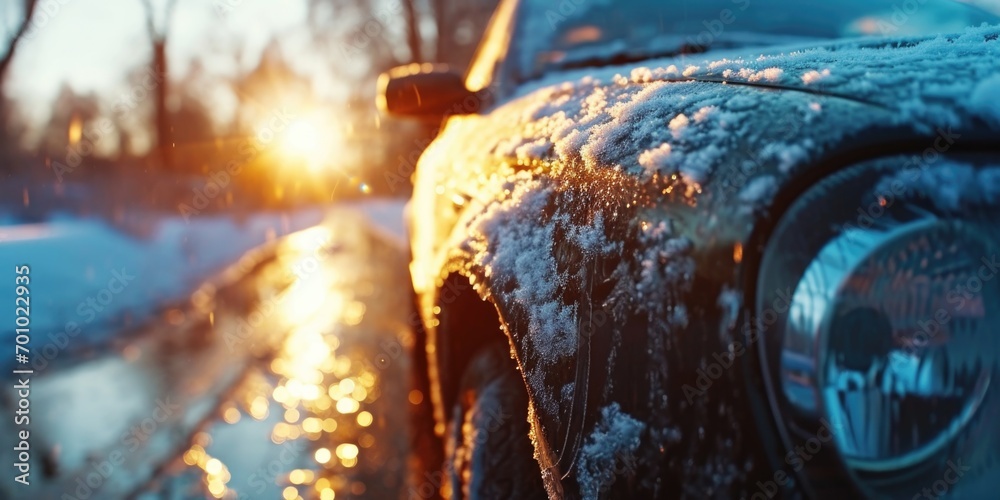A close-up view of a car covered in snow. This image can be used to depict winter weather conditions and the challenges of driving in snowy conditions A close-up view of a car covered in snow. This image can be used to depict winter weather conditions and the challenges of driving in snowy conditions