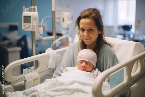 Adorable Caucasian Infant in Crib at Maternity Ward with ID Bracelet, Representing Health and Motherhood.