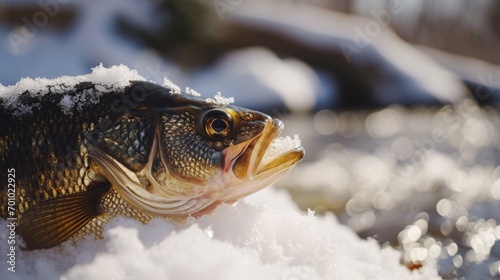 A fish standing in the snow. Can be used to depict unusual and unexpected situations