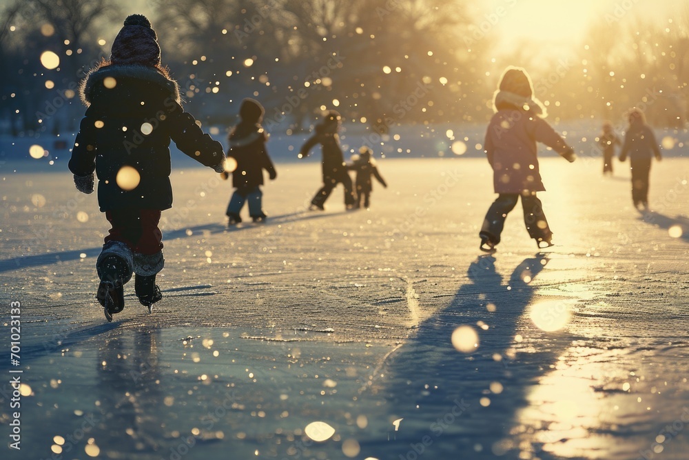 Fototapeta premium A group of people enjoying ice skating on a frozen lake. This picture can be used to depict winter activities and outdoor fun