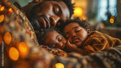 Sleeping father and a sleeping little son on his chest on a couch in a cozy living room © mikhailberkut