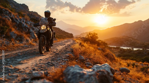 Experienced biker in complete gear riding an off-road motorcycle on a mountain road at sunset. 3D illustration. Motocross speed sport concept. photo