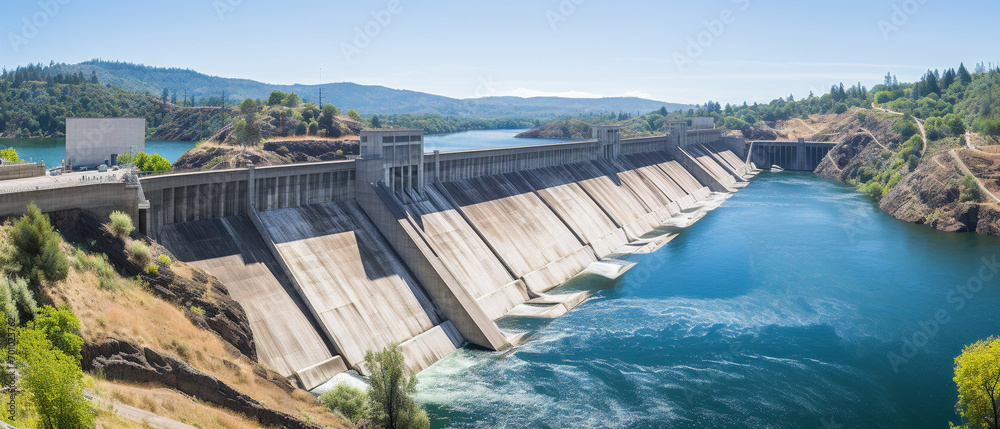 Hydroelectric dam generates clean power, harnessing water flow, with turbines amidst lush green surroundings. Hydroelectric dam generates clean power, harnessing water flow, with turbines amidst lush green surroundings.