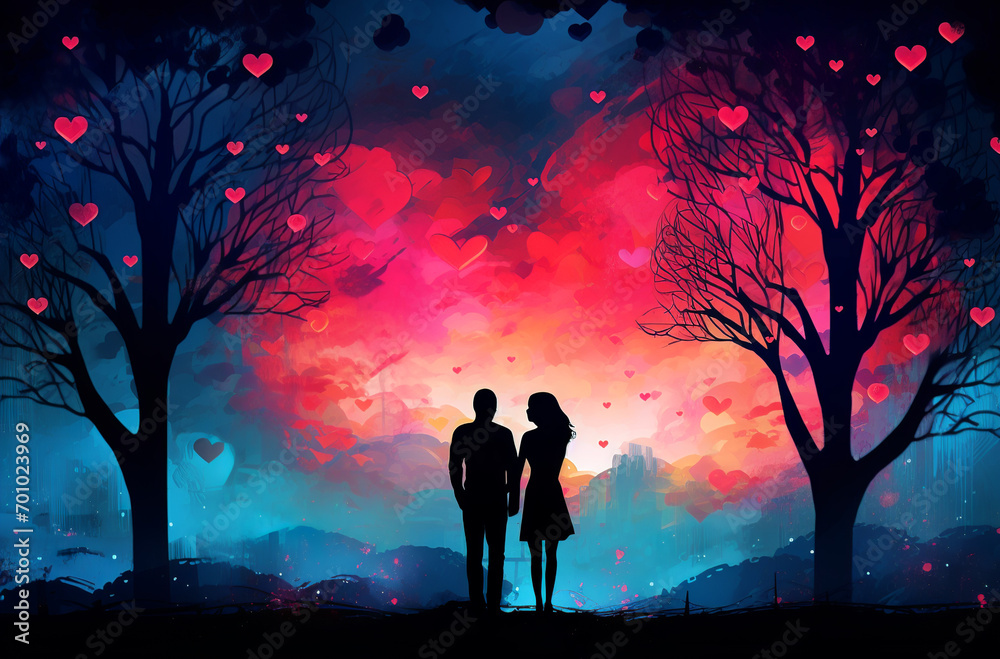 Watercolor painting of a young couple, near trees, with hearts in the dark sky. Generative AI