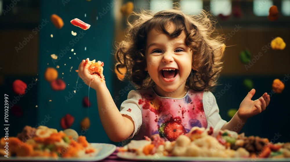 a happy baby is sitting in a high chair and eating delicious food - obrazy, fototapety, plakaty 