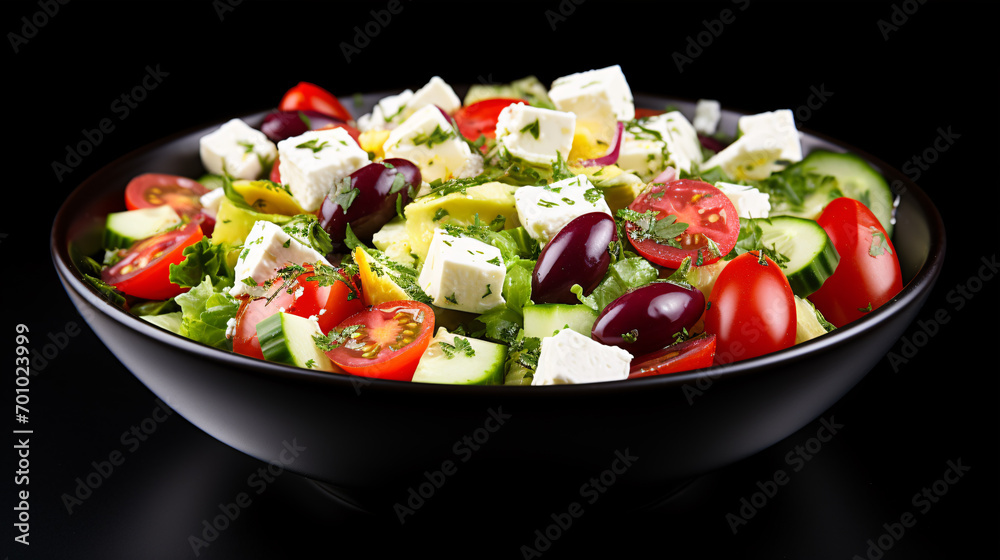 A Greek salad of cheese and veggies sits isolated on a dark surface. A Greek salad of cheese and veggies sits isolated on a dark surface.