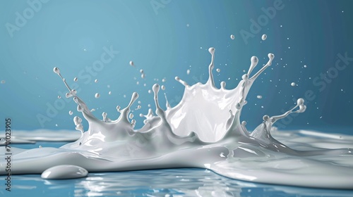 Authentic milk splattering in milk pond on a solitary blue backdrop. photo
