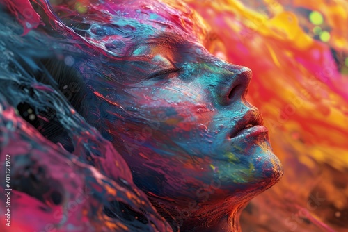 An abstract digital painting of a woman face colored with paint and in a dreamy colorful world, strange artwork of a female in fantasy universe,AI Generated