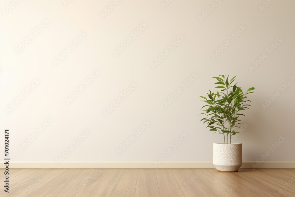 Blank beige wall in house with tropical tree on wooden parquet for luxury interior background