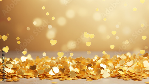 Gold confetti hearts with copy space. Generative AI