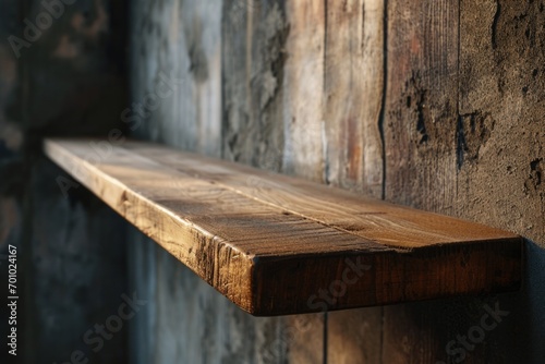 A wooden shelf attached to the side of a wall. Can be used for displaying decorations or storing items