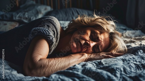 Anxious middle-aged lady in bed at home, weeping. Uncontent woman experiencing stress, mental issues, and a breakup. Displeased woman feeling isolated. photo