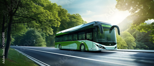 Electric bus glides silently down the street, powered by sustainable, renewable energy, transporting commuters eco-friendly.